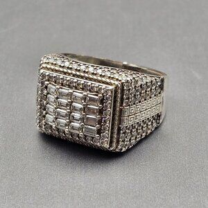 Unisex Sterling Silver & Clear Rhinestone Statement Ring Size 9 Signed M 9.72g